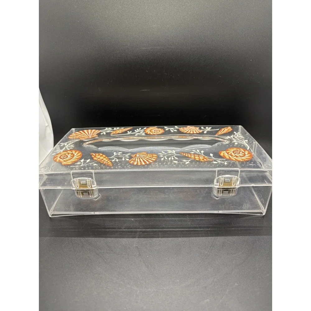 Wolff Tissue Box Holder Cover Clear‎ Lucite Acrylic Plastic Peach Seashells
